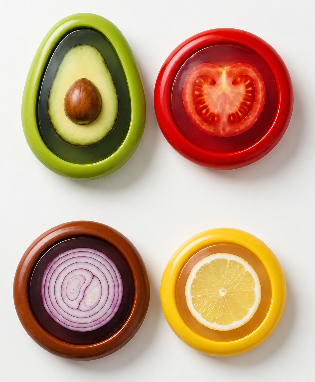 All four pods seen from above, each sealing a halved avocado, tomato, onion and lemon