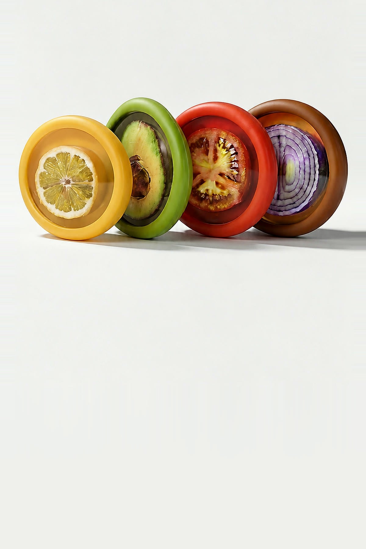 The four pods standing on edge, each sealing a slice of fruit or vegetable