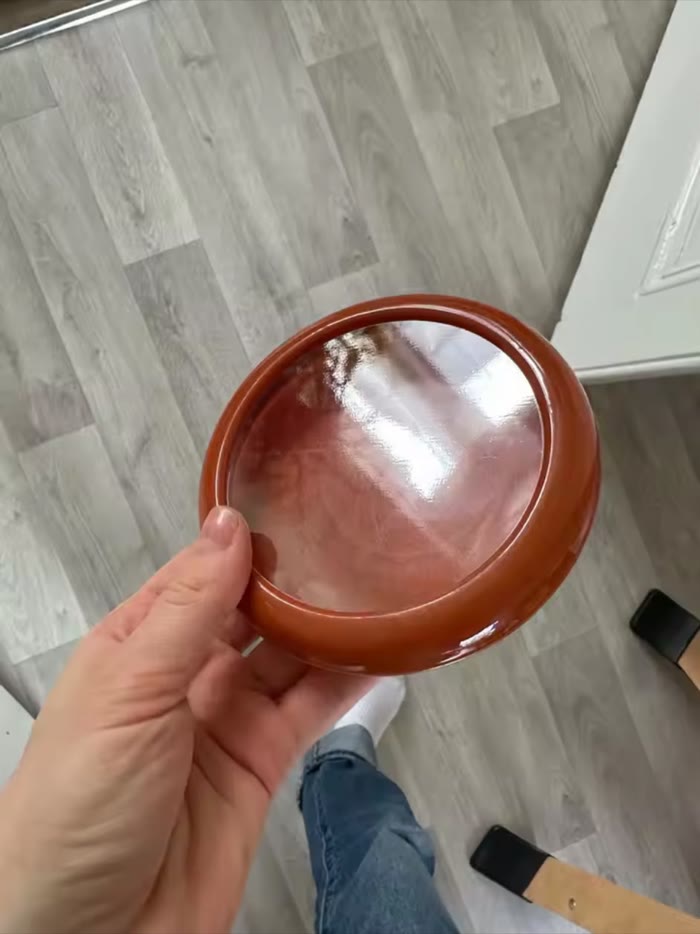 A hand holding the terracotta pod